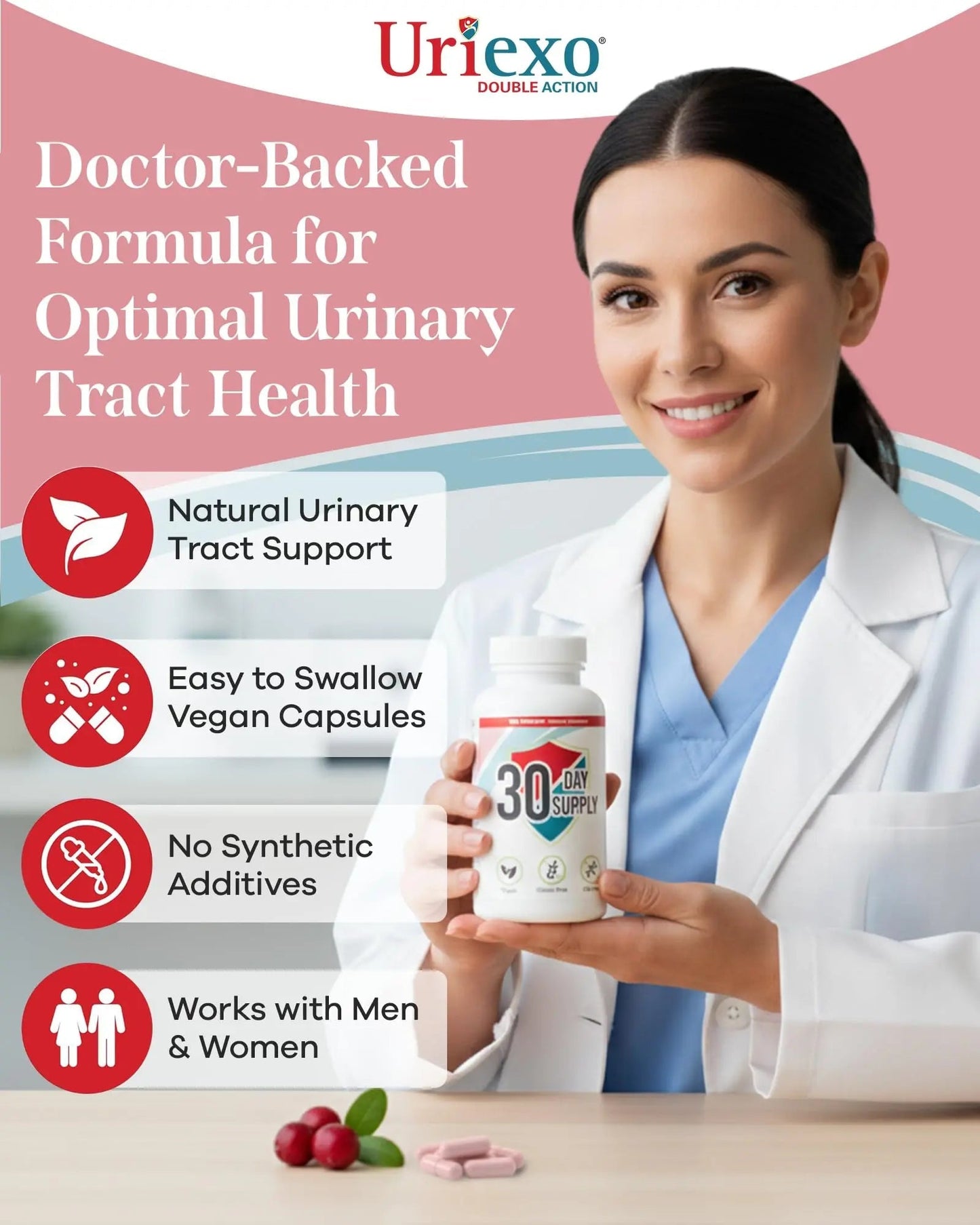 Uriexo Double Action Support Cranberry Pills - Urinary Tract Health Supplement with 36mg Proanthocyanidins PACs & 2000mg D-Mannose, Capsules for Men & Women, Non-Antibiotic Formula, 30 Day Supply - dailyvitalstore