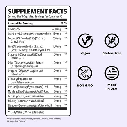 Urinari-X Extra Strength with Enhanced Comfort - Urinary Tract Support - Fast UTI Relief - Vitamin Supplement for Bladder Function - D-Mannose, Cranberry, Pinebark, Uva Ursi & Grapefruit - 90 Capsules - dailyvitalstore