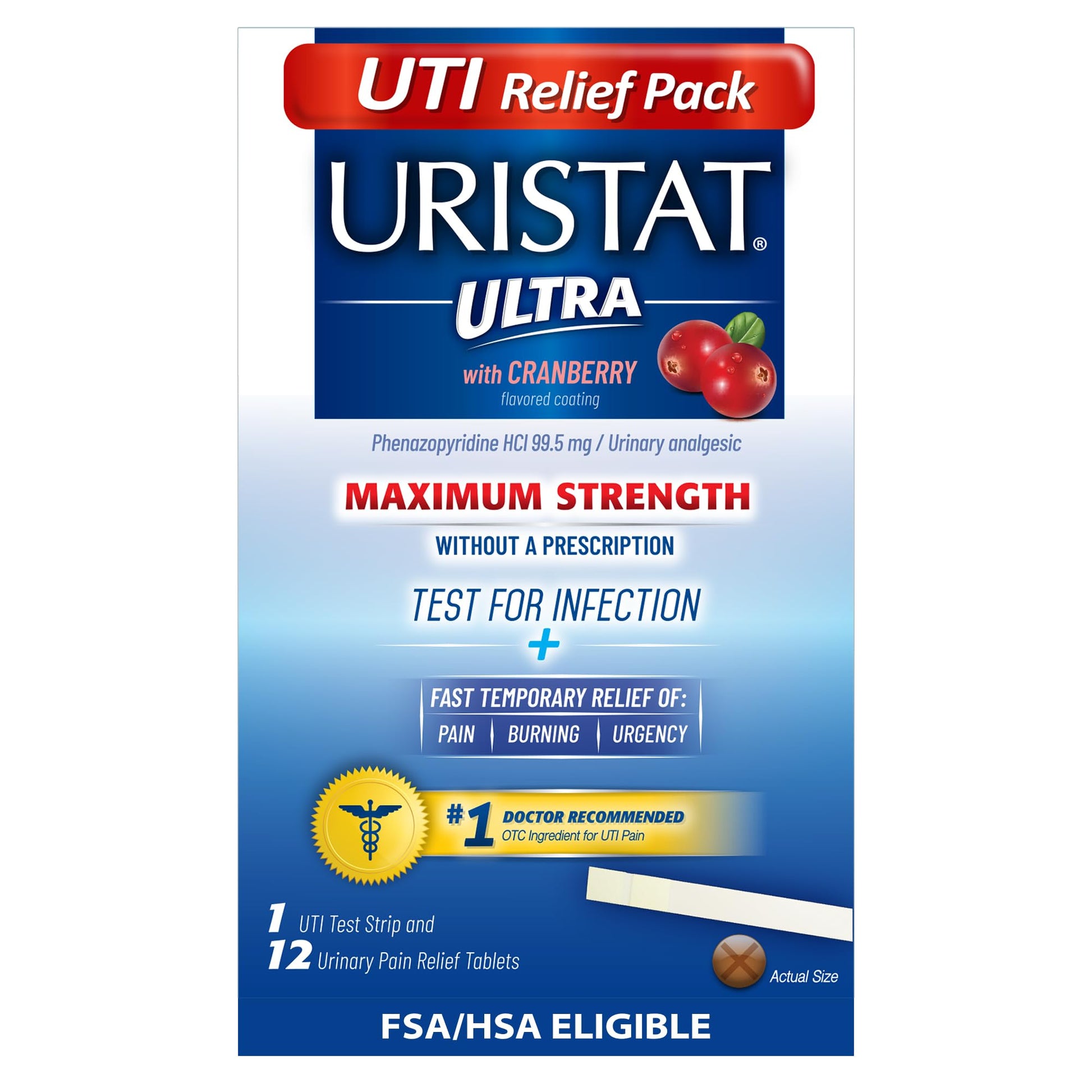 Uristat Ultra Strength Urinary Tract Infection Treatments and Test Relief Kit – 1 UTI Test Strip & 12 Cranberry Flavor Relief Tablets to Ease Urinary Pain, Burning & Urgency - dailyvitalstore