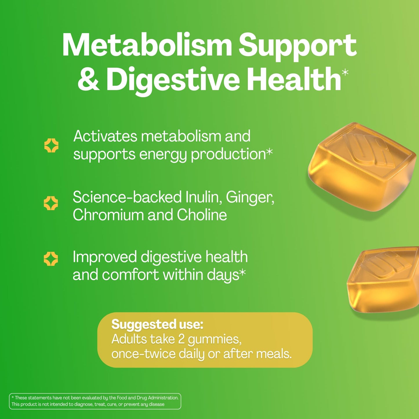 URVI® Metabolism Support Gummies 4-in-1 – Chromium Picolinate, Choline, Inulin & Ginger Extract - Prebiotic Fiber & Minerals – Gut Health & Digestive Support – Sugar-Free – Ginger-Lemon Flavor, 60pcs - dailyvitalstore