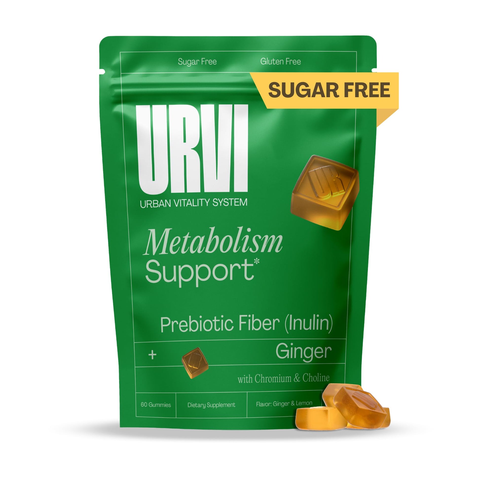 URVI® Metabolism Support Gummies 4-in-1 – Chromium Picolinate, Choline, Inulin & Ginger Extract - Prebiotic Fiber & Minerals – Gut Health & Digestive Support – Sugar-Free – Ginger-Lemon Flavor, 60pcs - dailyvitalstore