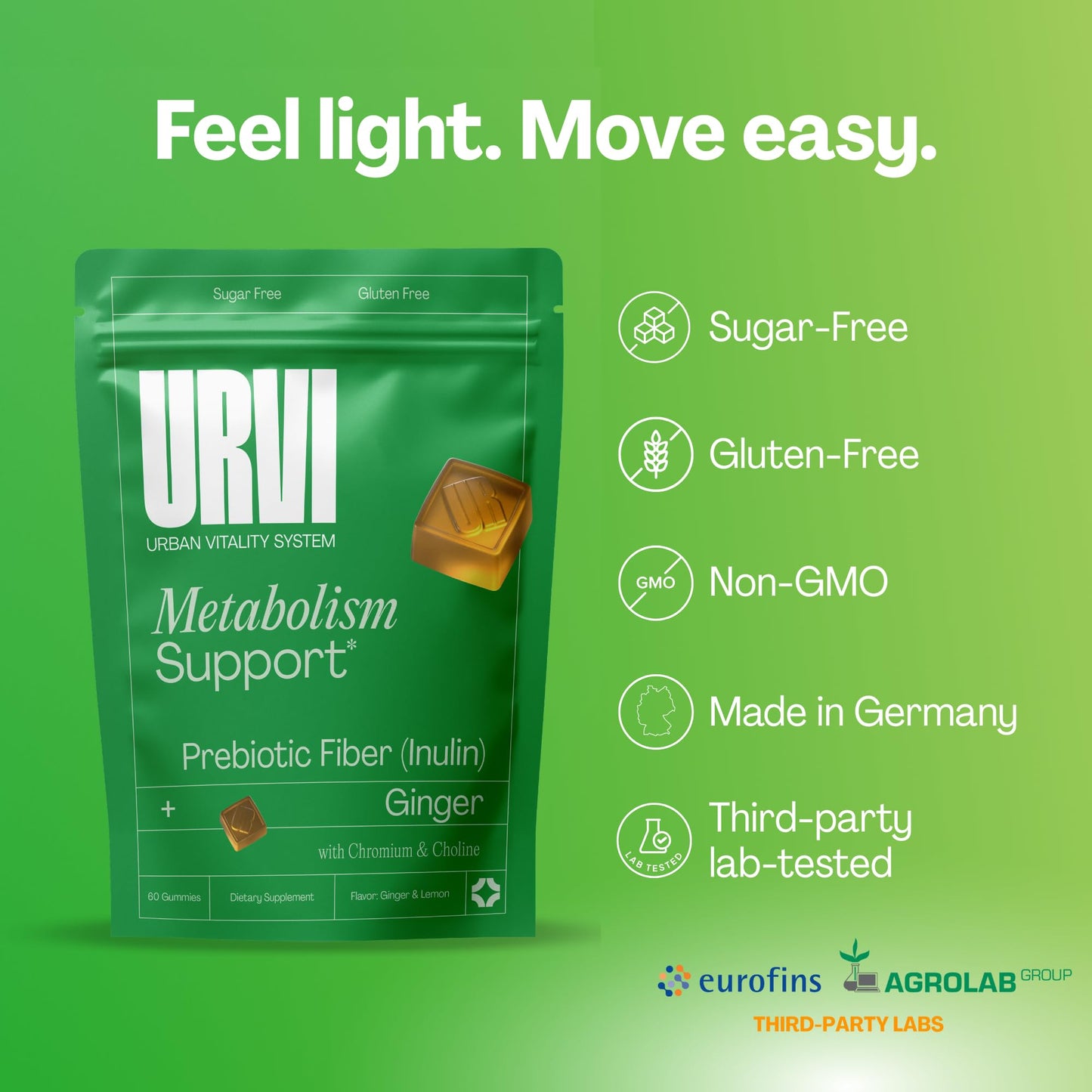 URVI® Metabolism Support Gummies 4-in-1 – Chromium Picolinate, Choline, Inulin & Ginger Extract - Prebiotic Fiber & Minerals – Gut Health & Digestive Support – Sugar-Free – Ginger-Lemon Flavor, 60pcs - dailyvitalstore
