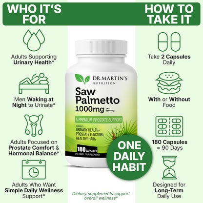 USA Grown Saw Palmetto | 180 Capsules Prostate Health Supplement | Hair Growth for Men & Women | Support to Help Maintain Normal Urination Frequency - dailyvitalstore