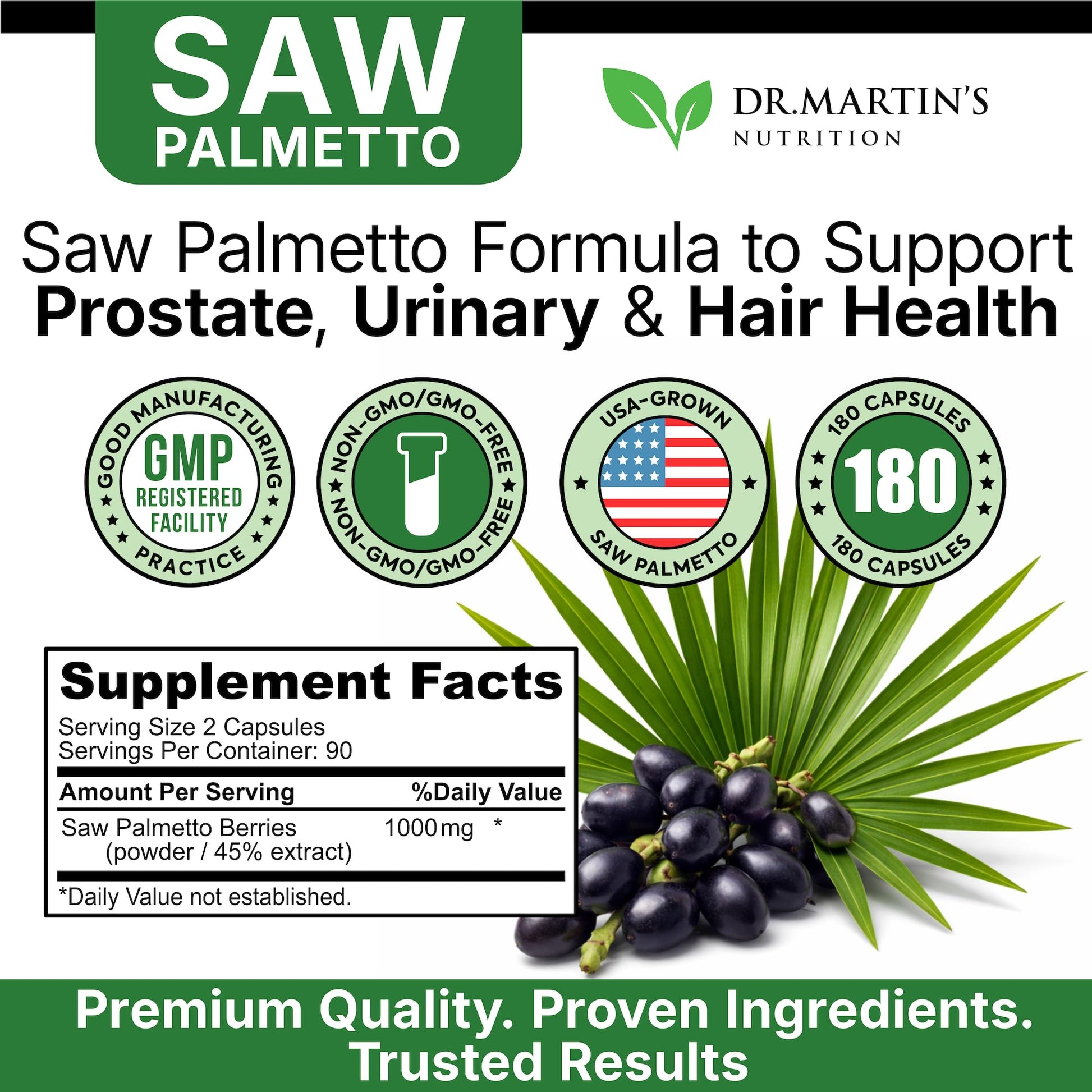 USA Grown Saw Palmetto | 180 Capsules Prostate Health Supplement | Hair Growth for Men & Women | Support to Help Maintain Normal Urination Frequency - dailyvitalstore