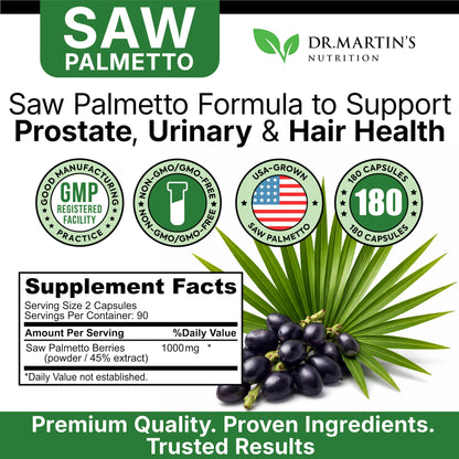 USA Grown Saw Palmetto | 180 Capsules Prostate Health Supplement | Hair Growth for Men & Women | Support to Help Maintain Normal Urination Frequency - dailyvitalstore
