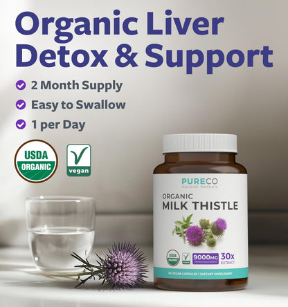 USDA Organic Milk Thistle Capsules - 80% Silymarin Supplement for Liver Support- Super Concentrated 300mg of 30:1 Milk Thistle Extract Equivalent to 9,000mg - Milk Thistle Liver Detox 60 Day Supply - dailyvitalstore