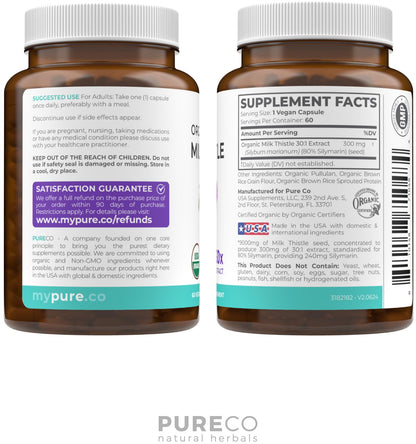 USDA Organic Milk Thistle Capsules - 80% Silymarin Supplement for Liver Support- Super Concentrated 300mg of 30:1 Milk Thistle Extract Equivalent to 9,000mg - Milk Thistle Liver Detox 60 Day Supply - dailyvitalstore