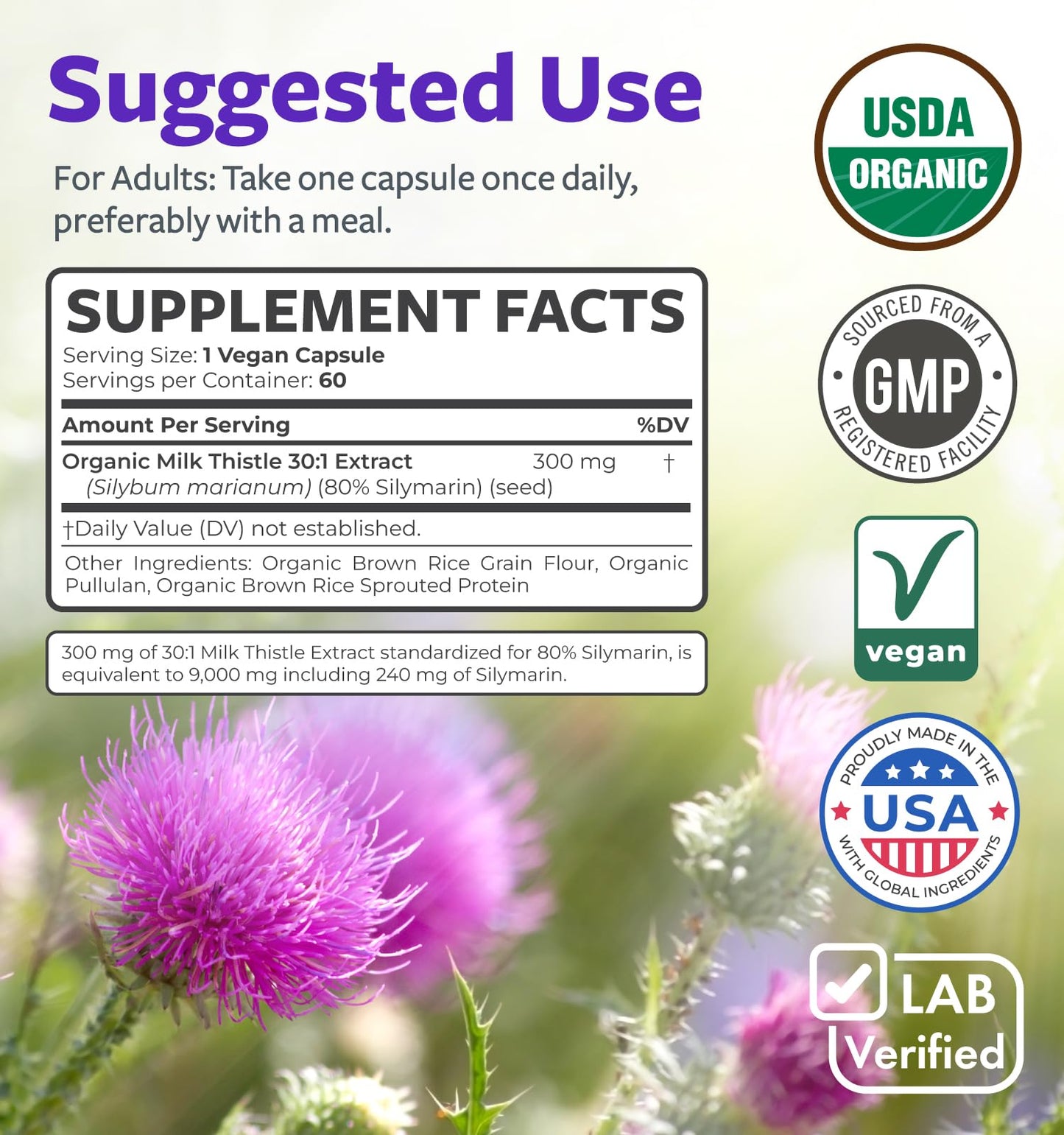 USDA Organic Milk Thistle Capsules - 80% Silymarin Supplement for Liver Support- Super Concentrated 300mg of 30:1 Milk Thistle Extract Equivalent to 9,000mg - Milk Thistle Liver Detox 60 Day Supply - dailyvitalstore