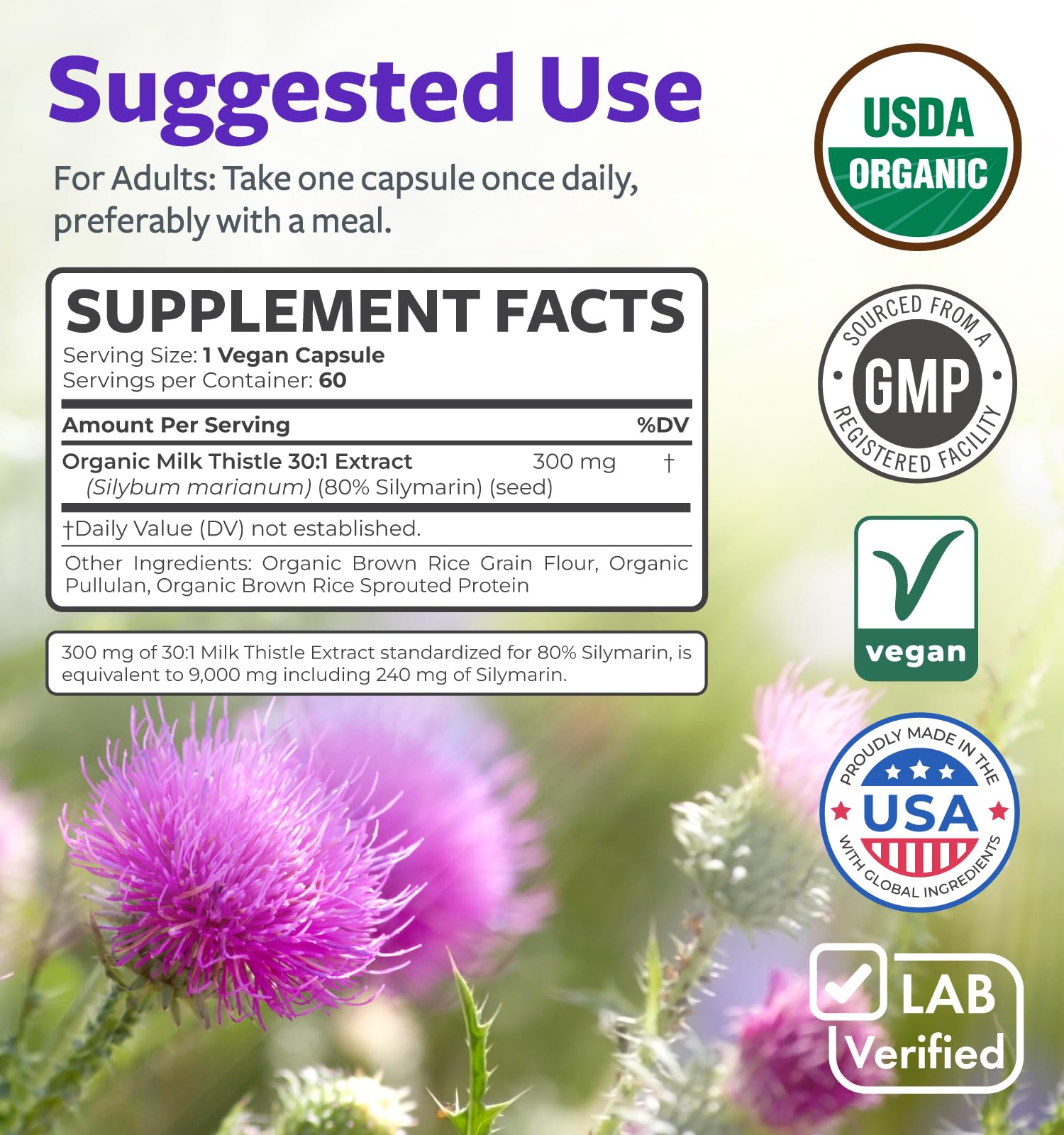 USDA Organic Milk Thistle Capsules - 80% Silymarin Supplement for Liver Support- Super Concentrated 300mg of 30:1 Milk Thistle Extract Equivalent to 9,000mg - Milk Thistle Liver Detox 60 Day Supply - dailyvitalstore