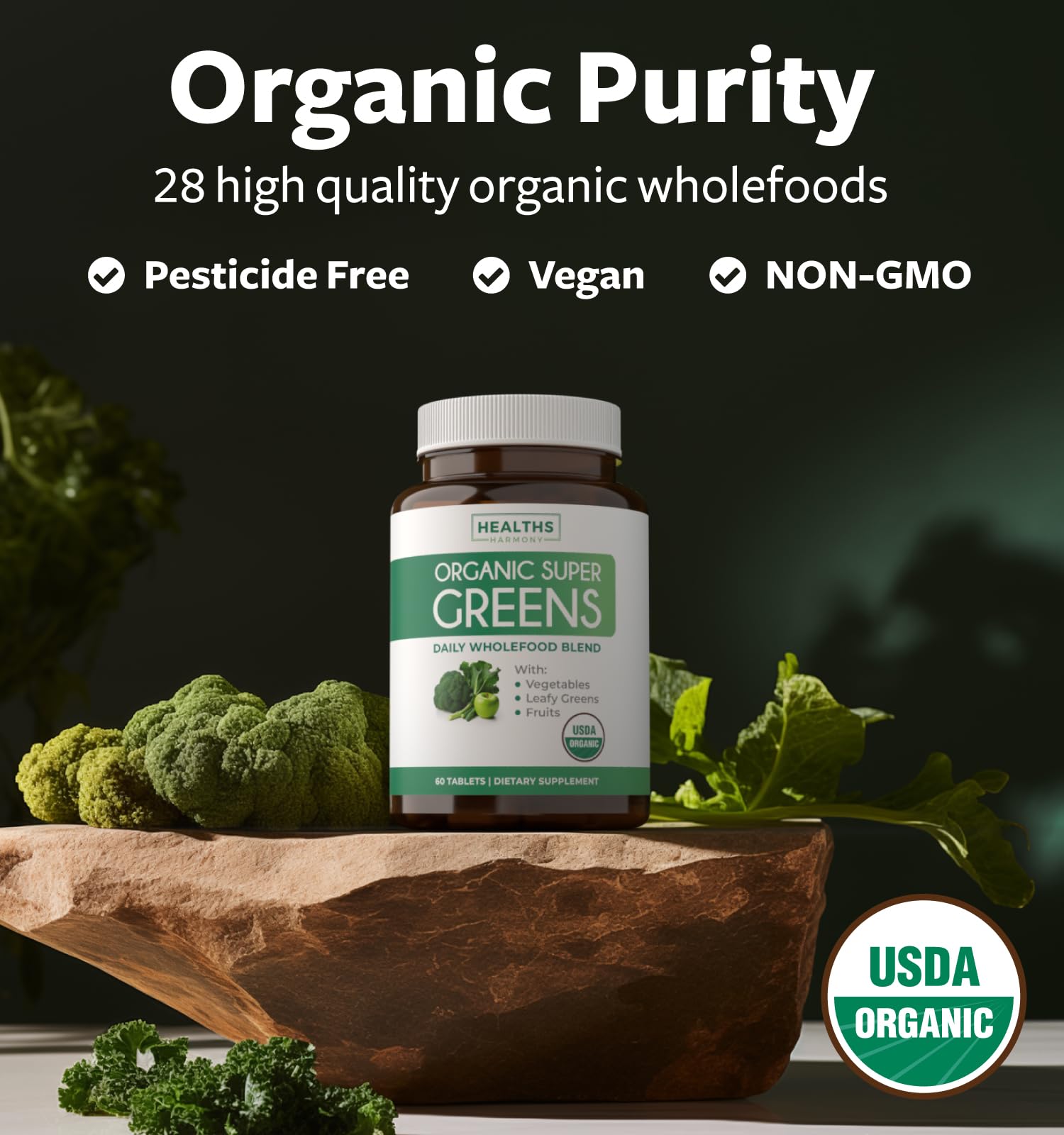 USDA Organic Super Greens Supplement - Organic Greens Fruits and Vegetable Supplement for Adults with 28 Superfood Complex with Superfruits Roots Herbs & More - Vegan & Non-GMO (Up to 1 Month Supply) - dailyvitalstore
