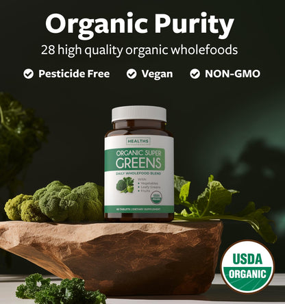 USDA Organic Super Greens Supplement - Organic Greens Fruits and Vegetable Supplement for Adults with 28 Superfood Complex with Superfruits Roots Herbs & More - Vegan & Non-GMO (Up to 1 Month Supply) - dailyvitalstore