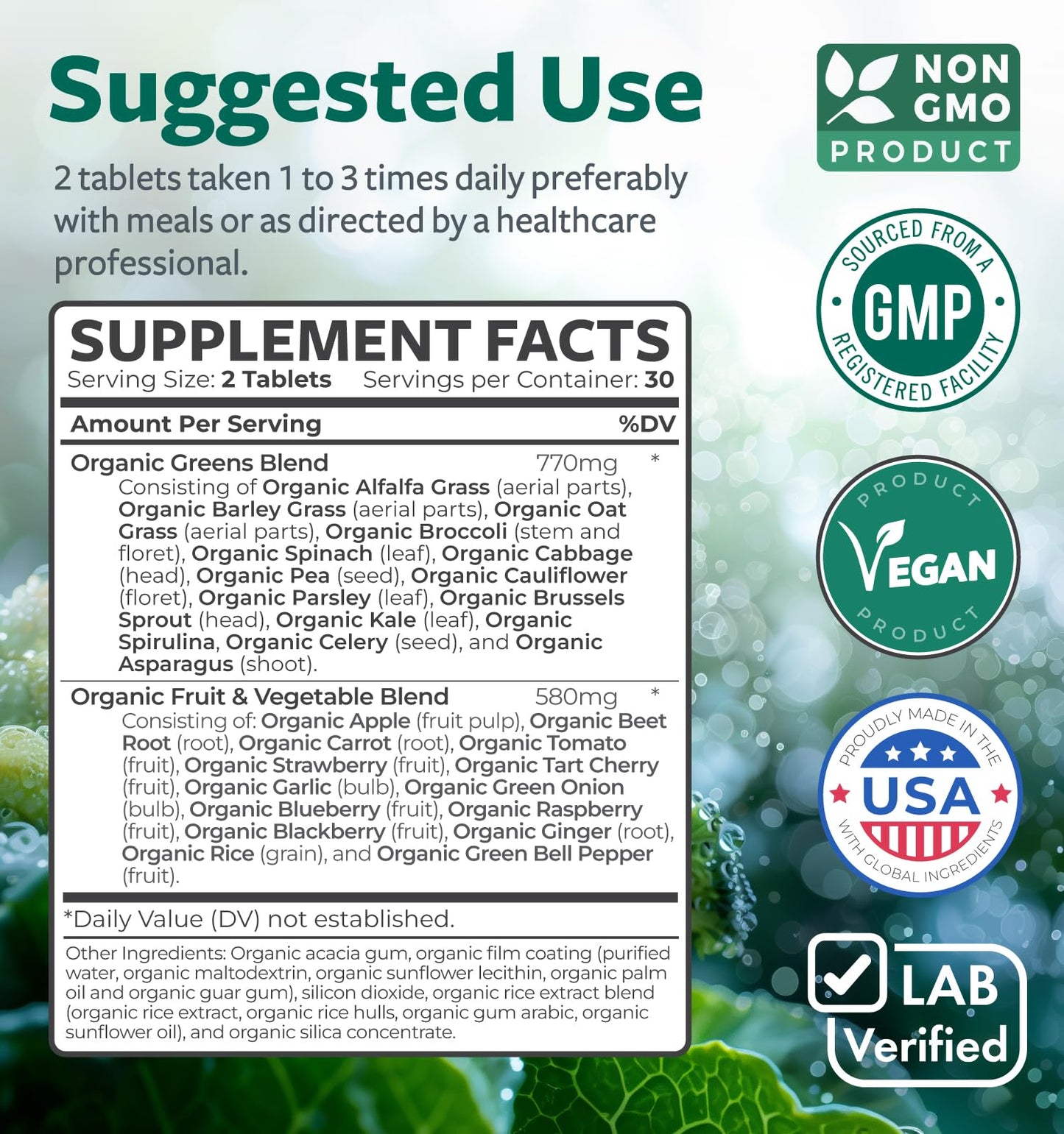 USDA Organic Super Greens Supplement - Organic Greens Fruits and Vegetable Supplement for Adults with 28 Superfood Complex with Superfruits Roots Herbs & More - Vegan & Non-GMO (Up to 1 Month Supply) - dailyvitalstore