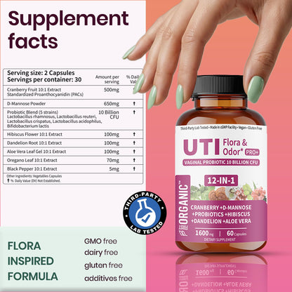 UTI Flora & Odor Pro+ & UTI Yeast & pH Pro+ | Pack of 2 | Vaginal Probiotics for Feminine Hydration & Freshness Support | Third-party Tested, cGMP Facility, Vegan, Non-GMO, Gluten-Free | 60+60 Caps - dailyvitalstore