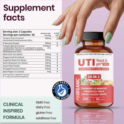 UTI Flora & Odor Pro+ & UTI Yeast & pH Pro+ | Pack of 2 | Vaginal Probiotics for Feminine Hydration & Freshness Support | Third-party Tested, cGMP Facility, Vegan, Non-GMO, Gluten-Free | 60+60 Caps - dailyvitalstore