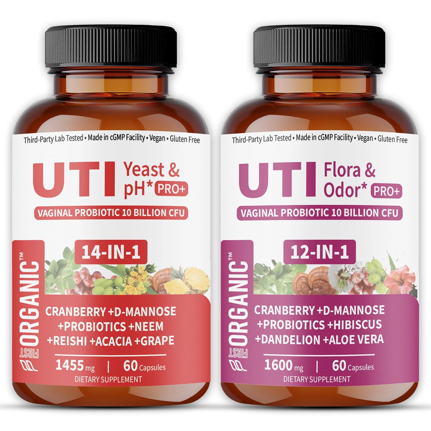 UTI Flora & Odor Pro+ & UTI Yeast & pH Pro+ | Pack of 2 | Vaginal Probiotics for Feminine Hydration & Freshness Support | Third-party Tested, cGMP Facility, Vegan, Non-GMO, Gluten-Free | 60+60 Caps - dailyvitalstore