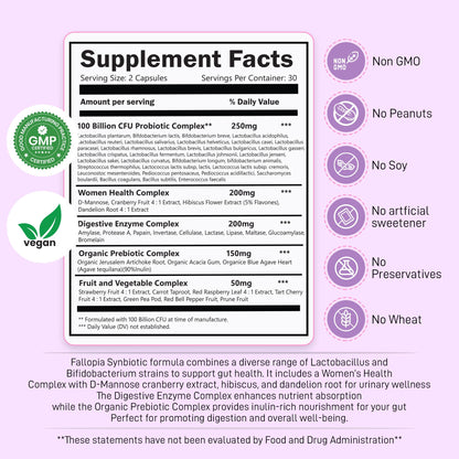 Vaginal Probiotics for Women with Prebiotics Cranberry D Mannose Digestive Enzymes & Hibiscus 34 Strains 100 Billion CFU Feminine Care Supplement for Gut Urinary Health and pH Balance Support - dailyvitalstore