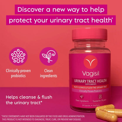 Vagisil Urinary Tract Health Supplements, Clinically-Proven Probiotics, Protects Urinary Tract Health, Clean Ingredients, Helps Cleanse and Flush UTI-Causing Bacteria, 1 Capsule Daily, 30 Capsules - dailyvitalstore