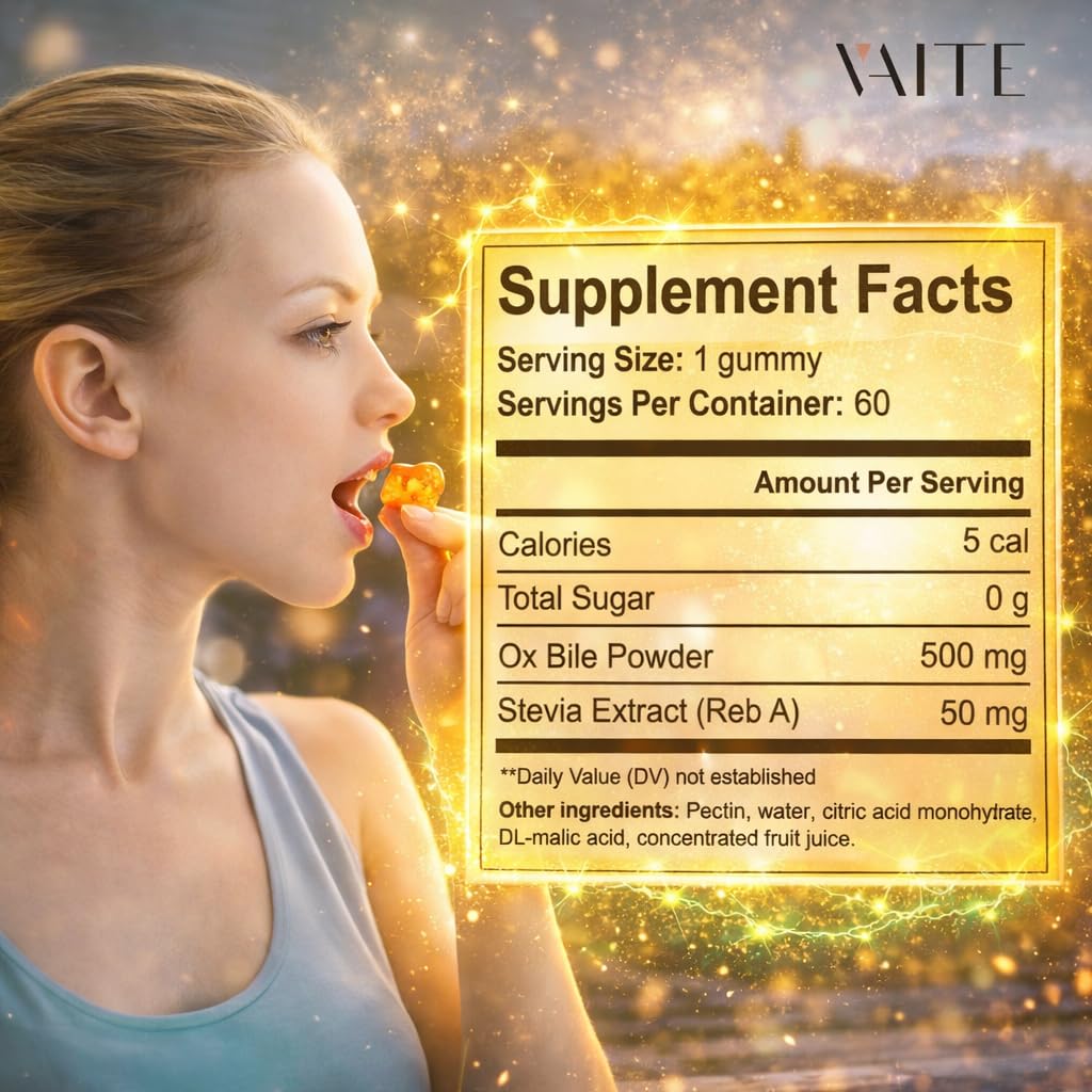 VAITE Ox Bile Gummies – 500mg Digestive Support for Gallbladder & Gut Health – Non-GMO, Sugar-Free Supplement – Helps Nutrient Absorption & Bile Flow – 60 Easy-to-Chew Bile Acid Chewables - dailyvitalstore