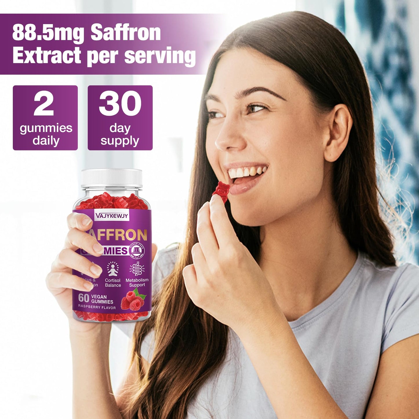 VAJYKEWJY Saffron Gummies (88.5 mg) with Magnesium — Enhanced with St. John’s Wort, Rhodiola, Ashwagandha & Vitamins B6, B12, D3 for Mood & Focus Support — 60 Count - dailyvitalstore