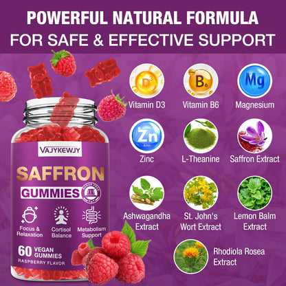 VAJYKEWJY Saffron Gummies (88.5 mg) with Magnesium — Enhanced with St. John’s Wort, Rhodiola, Ashwagandha & Vitamins B6, B12, D3 for Mood & Focus Support — 60 Count - dailyvitalstore