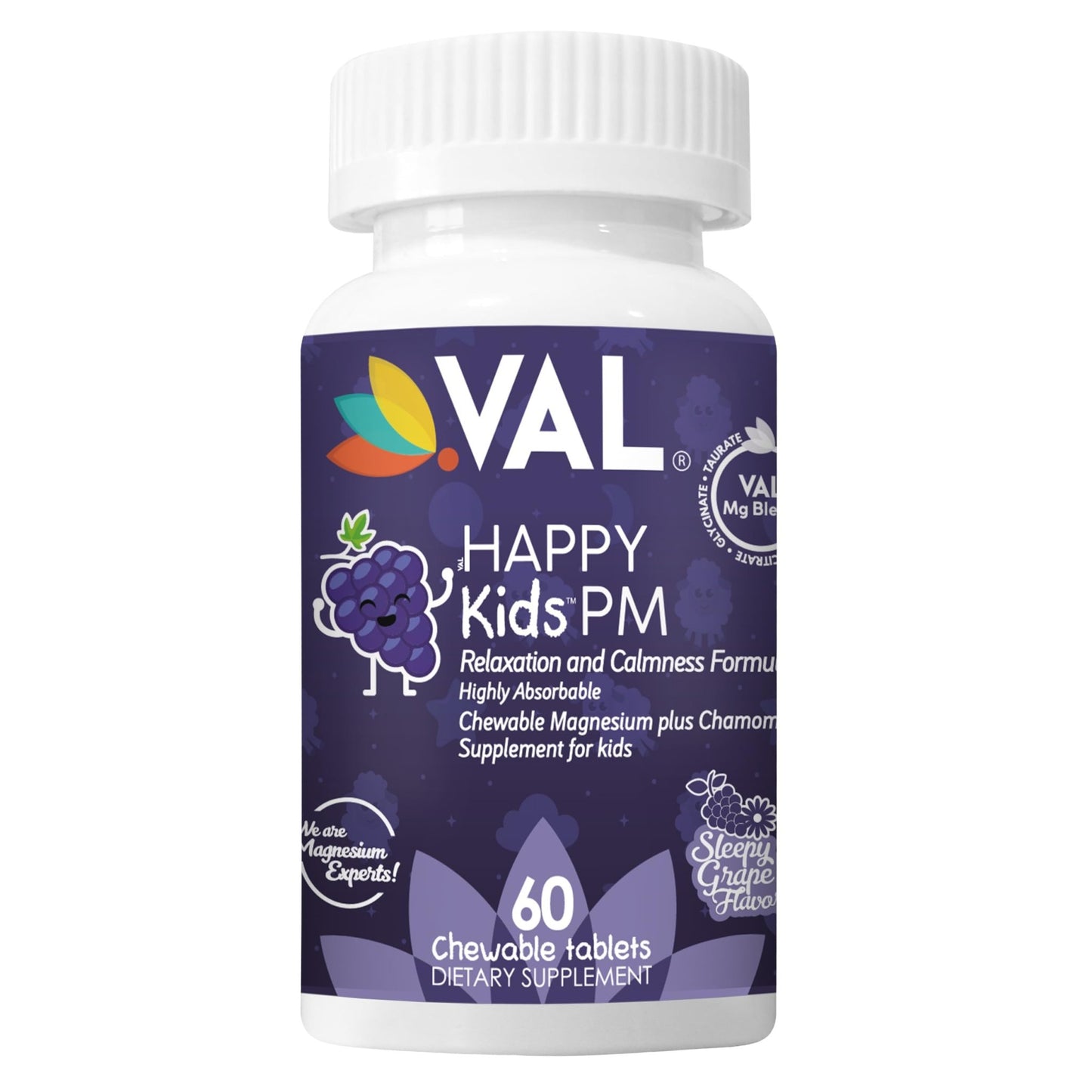 VAL Kids PM Magnesium Gummies | Sugar-Free Chewable Tablets with Chamomile, Magnesium Glycinate + Citrate + Taurate | Vitamin B6 & C | Natural Grape Flavor | Sleep & Calm Support | 60 Ct | Ages 4+ - dailyvitalstore