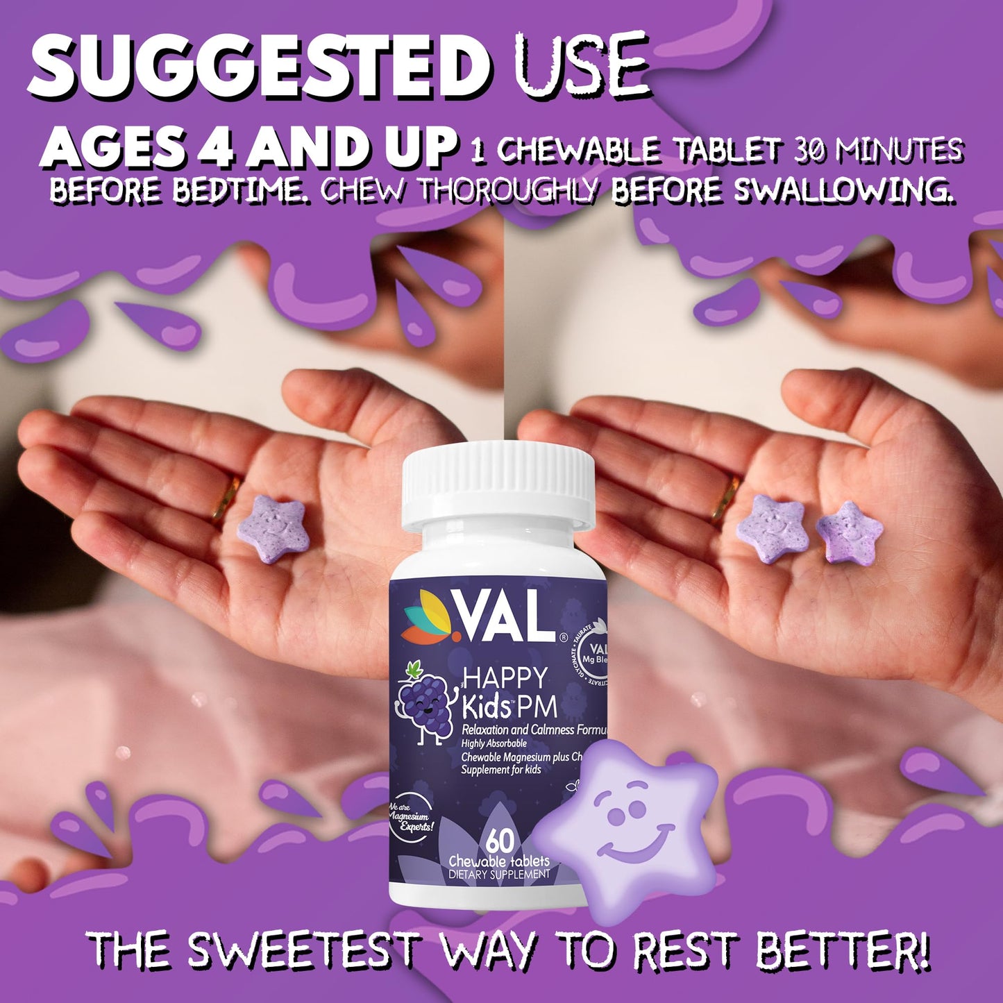 VAL Kids PM Magnesium Gummies | Sugar-Free Chewable Tablets with Chamomile, Magnesium Glycinate + Citrate + Taurate | Vitamin B6 & C | Natural Grape Flavor | Sleep & Calm Support | 60 Ct | Ages 4+ - dailyvitalstore