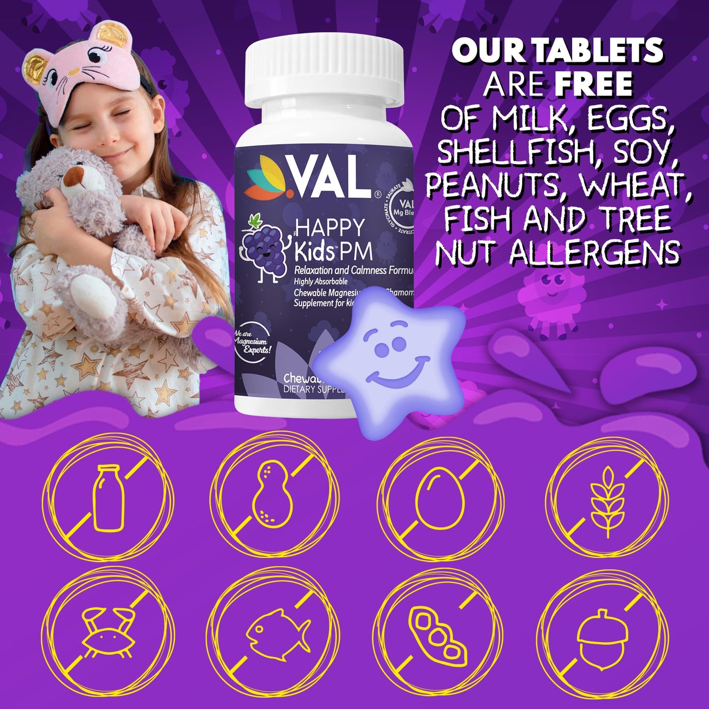 VAL Kids PM Magnesium Gummies | Sugar-Free Chewable Tablets with Chamomile, Magnesium Glycinate + Citrate + Taurate | Vitamin B6 & C | Natural Grape Flavor | Sleep & Calm Support | 60 Ct | Ages 4+ - dailyvitalstore