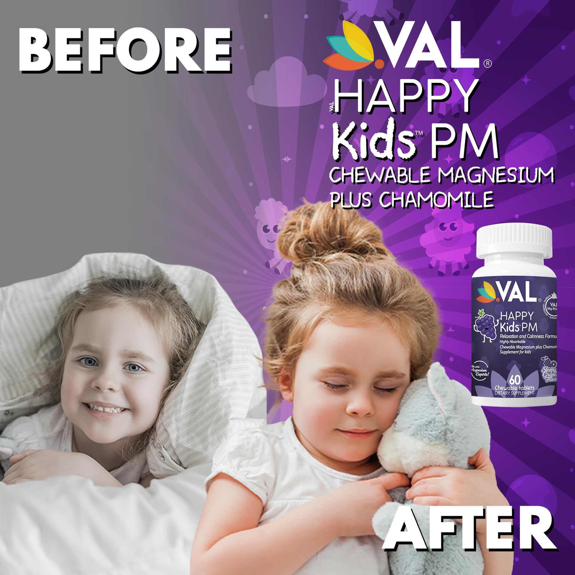 VAL Kids PM Magnesium Gummies | Sugar-Free Chewable Tablets with Chamomile, Magnesium Glycinate + Citrate + Taurate | Vitamin B6 & C | Natural Grape Flavor | Sleep & Calm Support | 60 Ct | Ages 4+ - dailyvitalstore