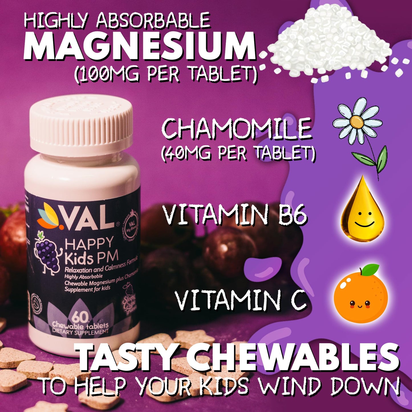 VAL Kids PM Magnesium Gummies | Sugar-Free Chewable Tablets with Chamomile, Magnesium Glycinate + Citrate + Taurate | Vitamin B6 & C | Natural Grape Flavor | Sleep & Calm Support | 60 Ct | Ages 4+ - dailyvitalstore