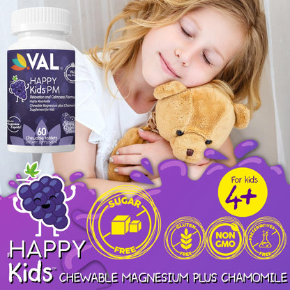 VAL Kids PM Magnesium Gummies | Sugar-Free Chewable Tablets with Chamomile, Magnesium Glycinate + Citrate + Taurate | Vitamin B6 & C | Natural Grape Flavor | Sleep & Calm Support | 60 Ct | Ages 4+ - dailyvitalstore