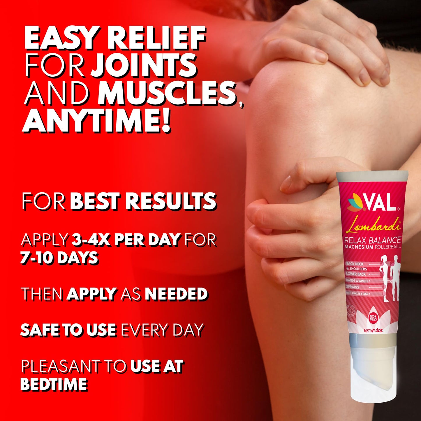 VAL Lombardi Relax Balance Magnesium Rollerball | Zechstein Magnesium + Herbal Extracts | Joint & Muscle Relief for Neck, Back, Legs | No Mess, Non-Greasy | 4oz - dailyvitalstore