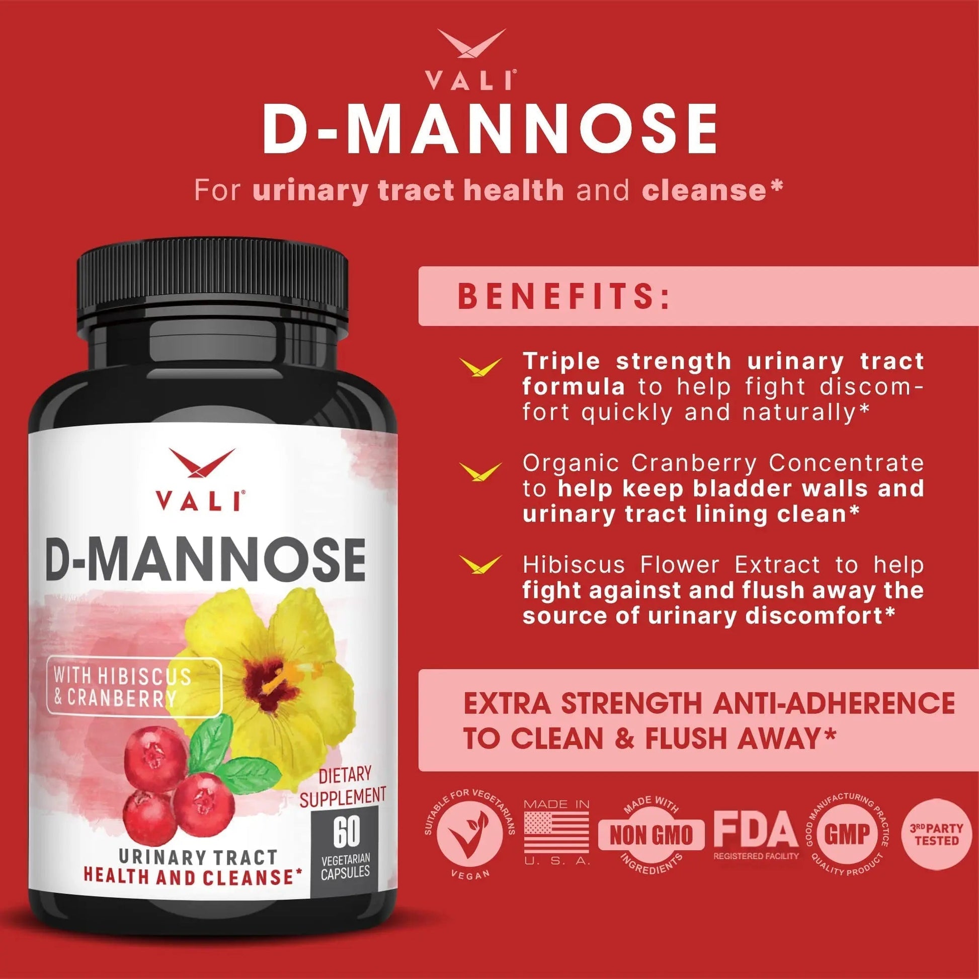 VALI D-Mannose 1000mg Urinary Tract Health Formula. Organic Cranberry Fruit Powder & Hibiscus. Healthy Bladder, Natural Cleanse, Fast Detox Flush, Herbal UT Function Support Pills. 60 Veggie Capsules - dailyvitalstore