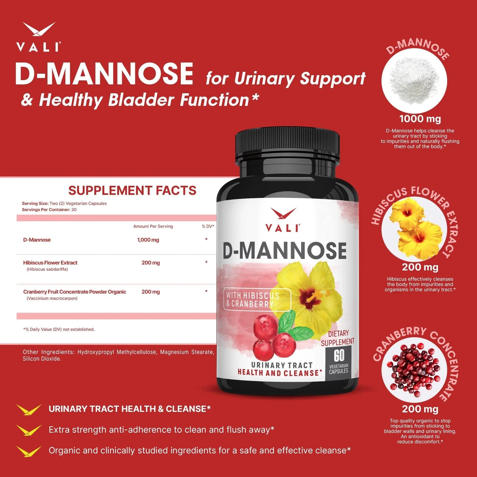 VALI D-Mannose 1000mg Urinary Tract Health Formula. Organic Cranberry Fruit Powder & Hibiscus. Healthy Bladder, Natural Cleanse, Fast Detox Flush, Herbal UT Function Support Pills. 60 Veggie Capsules - dailyvitalstore