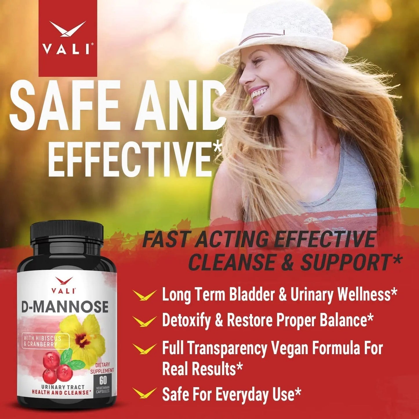 VALI D-Mannose 1000mg Urinary Tract Health Formula. Organic Cranberry Fruit Powder & Hibiscus. Healthy Bladder, Natural Cleanse, Fast Detox Flush, Herbal UT Function Support Pills. 60 Veggie Capsules - dailyvitalstore