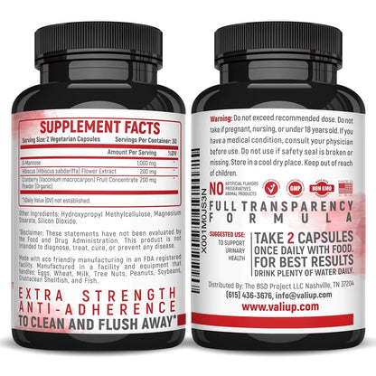 VALI D-Mannose 1000mg Urinary Tract Health Formula. Organic Cranberry Fruit Powder & Hibiscus. Healthy Bladder, Natural Cleanse, Fast Detox Flush, Herbal UT Function Support Pills. 60 Veggie Capsules - dailyvitalstore
