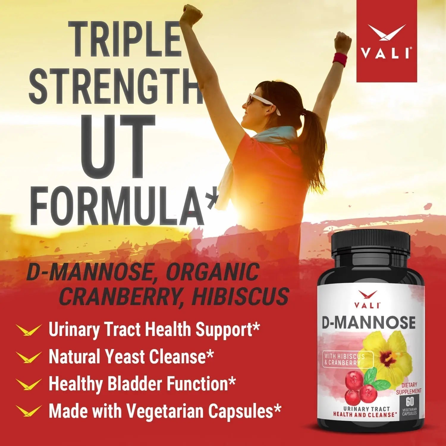 VALI D-Mannose 1000mg Urinary Tract Health Formula. Organic Cranberry Fruit Powder & Hibiscus. Healthy Bladder, Natural Cleanse, Fast Detox Flush, Herbal UT Function Support Pills. 60 Veggie Capsules - dailyvitalstore