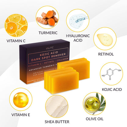 VALITIC Kojic Acid Dark Spot Remover Soap Bars with Vitamin C, Retinol, Collagen, Turmeric - Original Japanese Complex Infused with Hyaluronic Acid, - dailyvitalstore