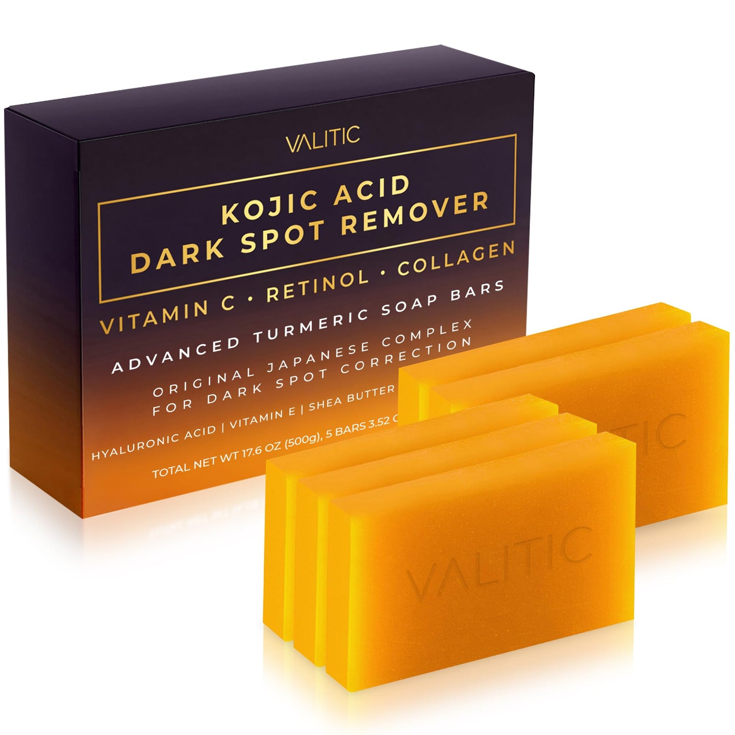 VALITIC Kojic Acid Dark Spot Remover Soap Bars with Vitamin C, Retinol, Collagen, Turmeric - Original Japanese Complex Infused with Hyaluronic Acid, - dailyvitalstore