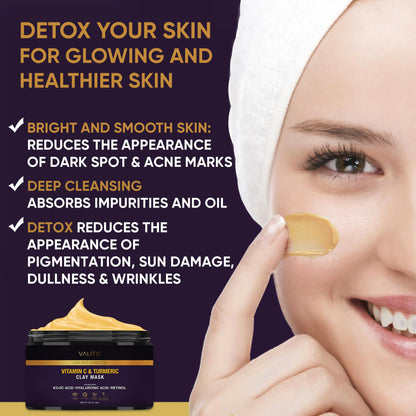 VALITIC Vitamin C & Turmeric Clay Mask - Dark Spot Corrector with Kojic Acid, Hyaluronic Acid & Retinol - Skin Care Routine for Minimizing Pores - dailyvitalstore