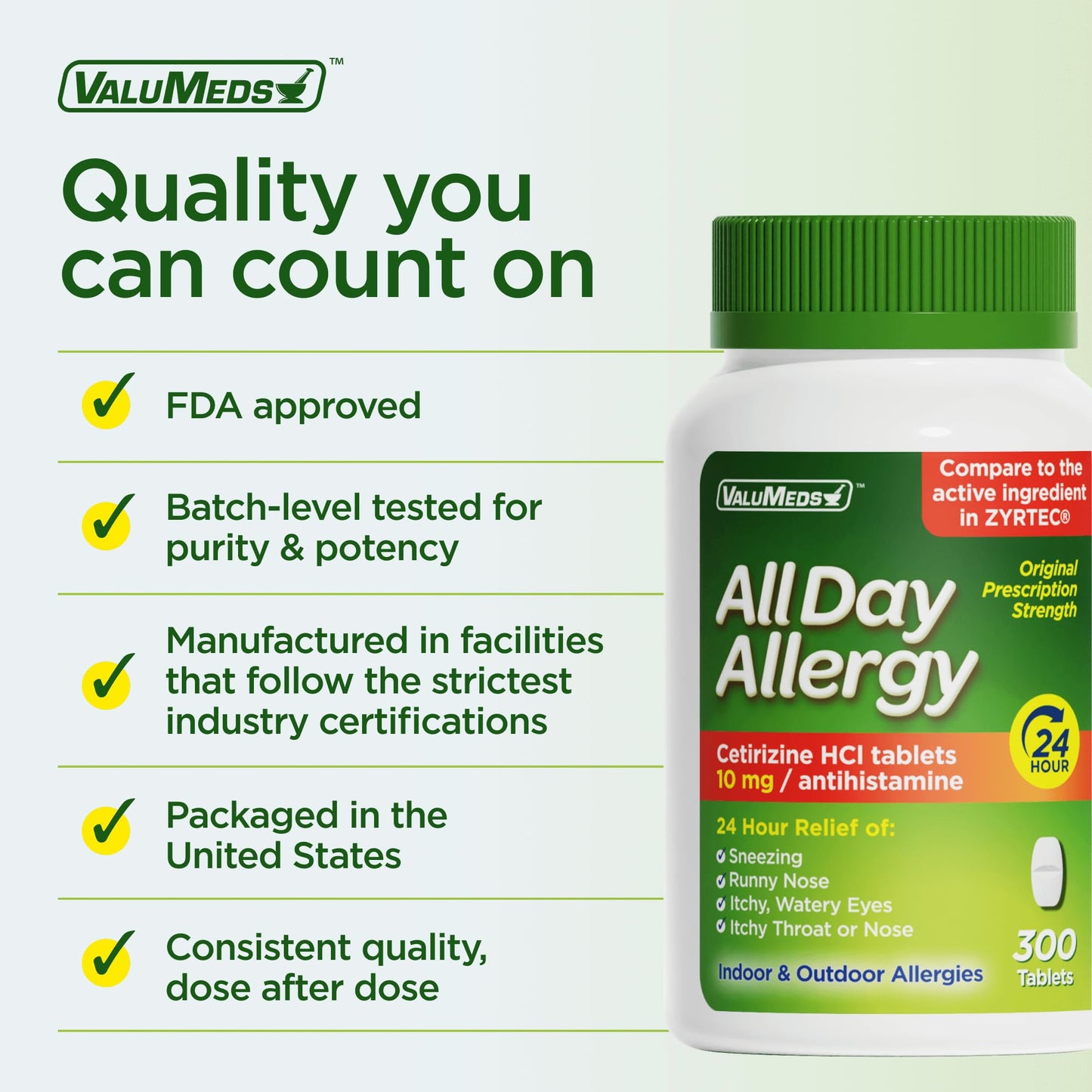 ValuMeds 24-Hour Allergy Medicine Antihistamine for Pollen, Hay Fever, Dry, Itchy Eyes, Allergies | Cetirizine HCl 10mg Caplets, Compare to Leading Brand (300 Count) - dailyvitalstore