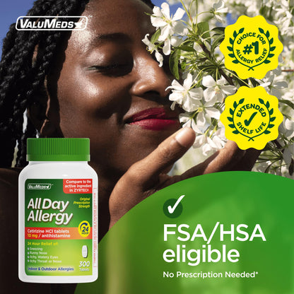 ValuMeds 24-Hour Allergy Medicine Antihistamine for Pollen, Hay Fever, Dry, Itchy Eyes, Allergies | Cetirizine HCl 10mg Caplets, Compare to Leading Brand (300 Count) - dailyvitalstore
