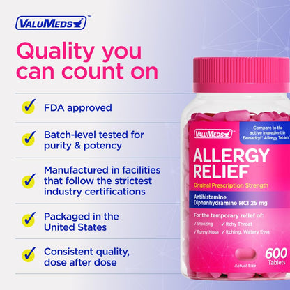 ValuMeds Allergy Medicine Antihistamine, Diphenhydramine HCl 25 mg | Children and Adults | Relieve Itchy Eyes, Runny Nose, Sneezing (25 mg, 600 Count) - dailyvitalstore