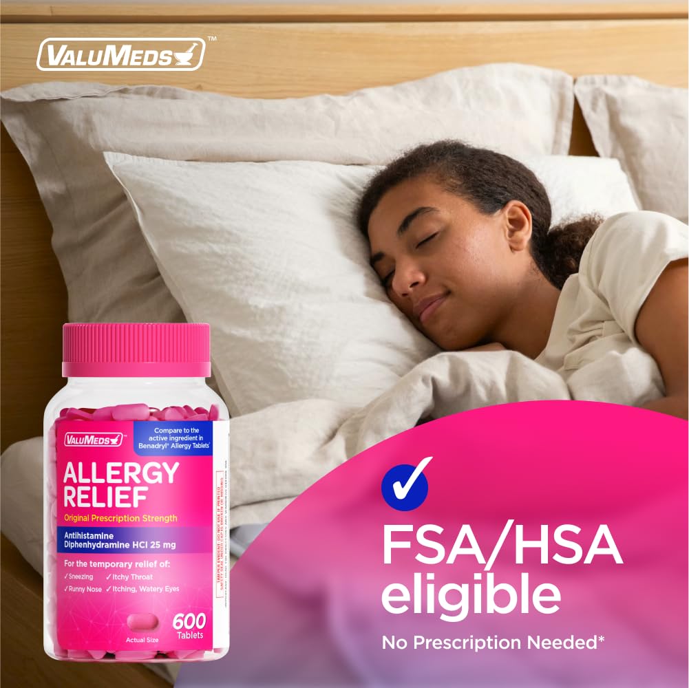 ValuMeds Allergy Medicine Antihistamine, Diphenhydramine HCl 25 mg | Children and Adults | Relieve Itchy Eyes, Runny Nose, Sneezing (25 mg, 600 Count) - dailyvitalstore