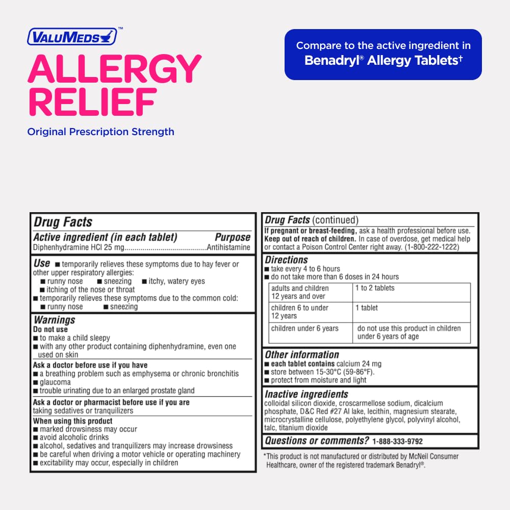 ValuMeds Allergy Medicine Antihistamine, Diphenhydramine HCl 25 mg | Children and Adults | Relieve Itchy Eyes, Runny Nose, Sneezing (25 mg, 600 Count) - dailyvitalstore
