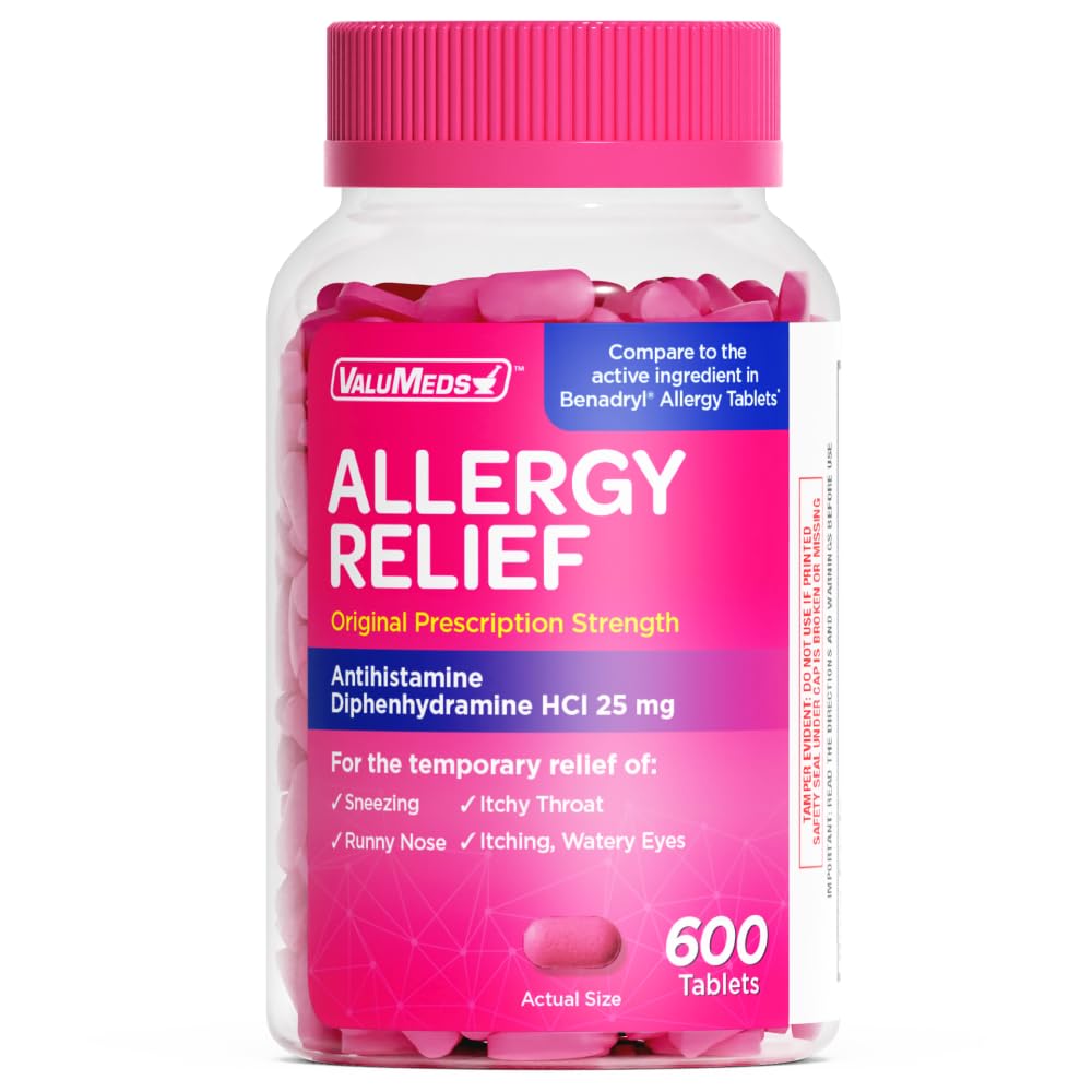 ValuMeds Allergy Medicine Antihistamine, Diphenhydramine HCl 25 mg | Children and Adults | Relieve Itchy Eyes, Runny Nose, Sneezing (25 mg, 600 Count) - dailyvitalstore