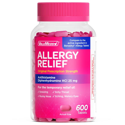 ValuMeds Allergy Medicine Antihistamine, Diphenhydramine HCl 25 mg | Children and Adults | Relieve Itchy Eyes, Runny Nose, Sneezing (25 mg, 600 Count) - dailyvitalstore