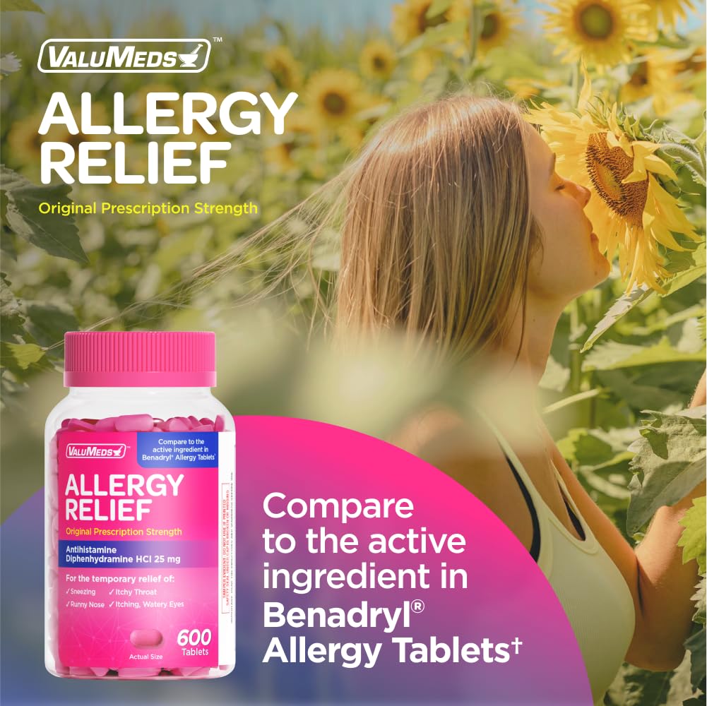 ValuMeds Allergy Medicine Antihistamine, Diphenhydramine HCl 25 mg | Children and Adults | Relieve Itchy Eyes, Runny Nose, Sneezing (25 mg, 600 Count) - dailyvitalstore