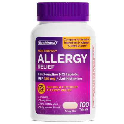 ValuMeds | Compare to Allegra | Fexofenadine HCl 180mg | 24-Hour Allergy Relief, Non-Drowsy Antihistamine Generic Medicine for Allergies, Hay Fever, Itchy Eyes | for Kids & Adults (100 Count) - dailyvitalstore