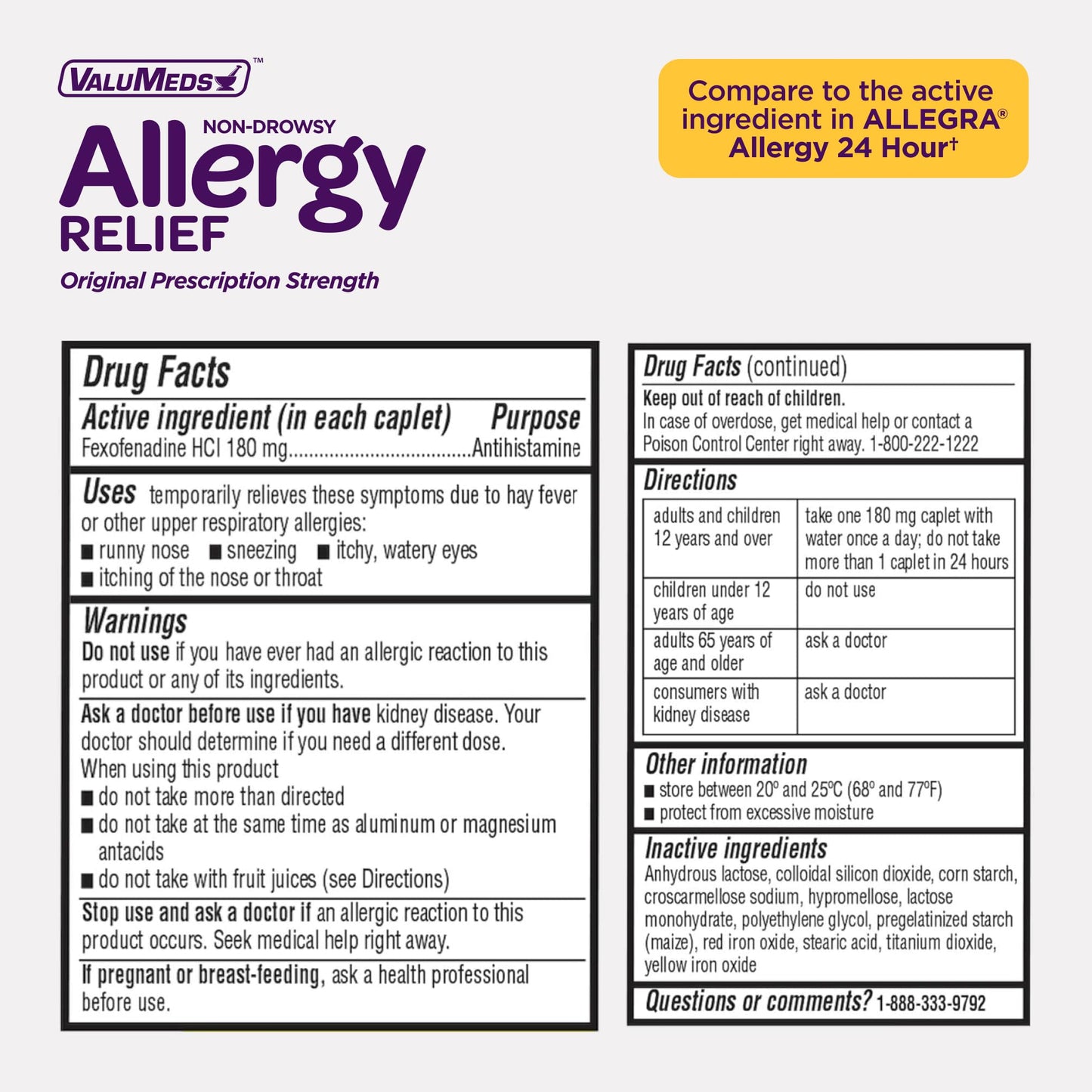ValuMeds | Compare to Allegra | Fexofenadine HCl 180mg | 24-Hour Allergy Relief, Non-Drowsy Antihistamine Generic Medicine for Allergies, Hay Fever, Itchy Eyes | for Kids & Adults (100 Count) - dailyvitalstore