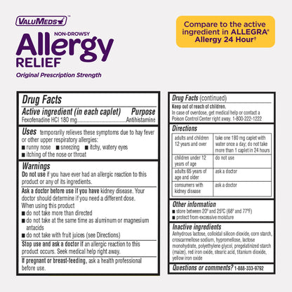 ValuMeds | Compare to Allegra | Fexofenadine HCl 180mg | 24-Hour Allergy Relief, Non-Drowsy Antihistamine Generic Medicine for Allergies, Hay Fever, Itchy Eyes | for Kids & Adults (100 Count) - dailyvitalstore
